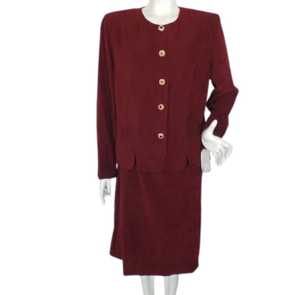 new LESLIE FAY Skirt Suit, 14/16, 2 piece, Jacket & Skirt, Burgundy, washable - Picture 1 of 16